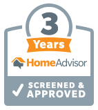 A badge showing 3 Years HomeAdvisor Screened & Approved with a house icon and a checkmark.