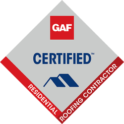 GAF Certified Residential Roofing Contractor badge featuring the GAF logo and stylized roof icon.